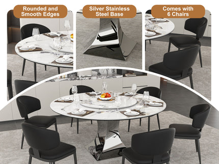 Round Dining Table & 6 Chairs Set - Silver