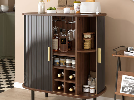 Fluted Wine Bar Cabinet With 8 Grid Wine Rack, 5 Level Adjustable Shelves, 2 Glass Holders