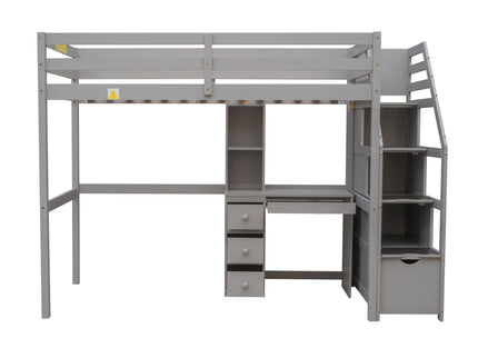 Loft Bed With Stand Alone Bed, Storage Staircase, Desk, Shelves, And Drawers