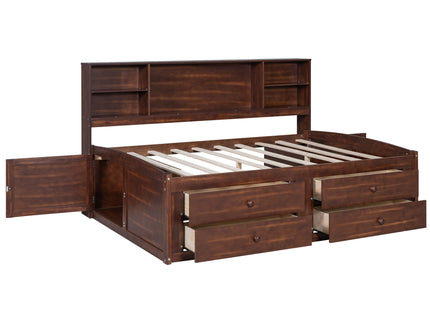 Full Size Captain Bed With Built In Storage Shelves, 4 Drawers And 2 Cabinets - Antique Brown