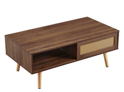 41.34" Rattan Coffee Table, Sliding Door For Storage, Solid Wood Legs, Modern Table For Living Room