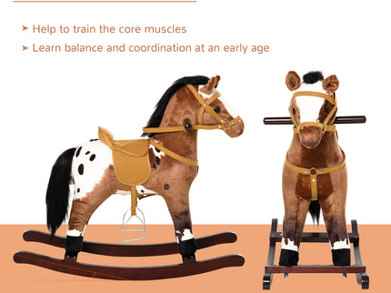Qaba - Kids Metal Plush Ride-On Rocking Horse Chair Toy With Realistic Sounds - Dark Brown / White