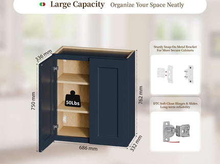 Shaker Wall Cabinet With Soft Close Hinges, Adjustable Shelves, Double Door
