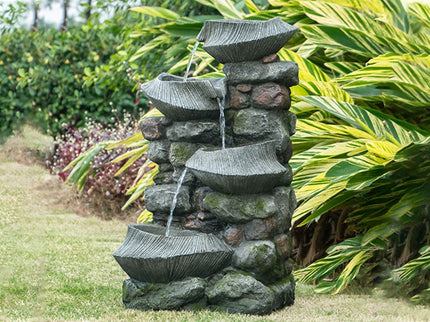 Indoor Outdoor Stone Water Fountain, 4 Tier Polyresin Cascading Rock Bowl Freestanding Fountain With LED Ligh - Gray