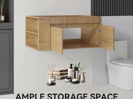 Floating Bathroom Vanity Cabinet, Soft Close Double Drawers, Open Side Storage, Wall Mounted, Cabinet Only
