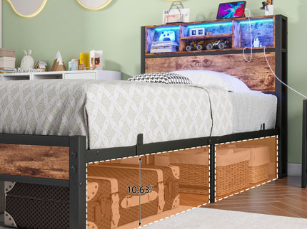 Modern Twin Size Metal Platform Bed Frame With Storage Headboard And Charging Station - Brown